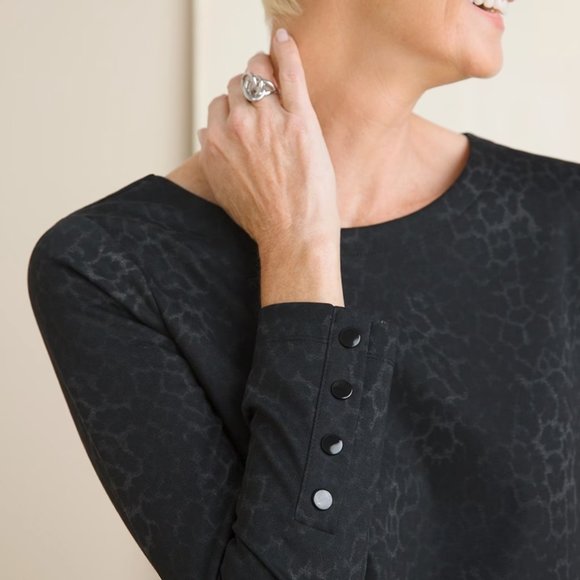 Chico's 2 Gray Black Leopard Print Pointe Knit Stretch Tunic Top Large L 12 - Picture 5 of 9